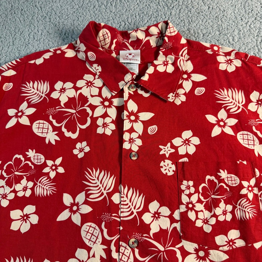 Disney Store Mens Mickey Minnie Hawaiian‎ Shirt Red Floral Tropical Large